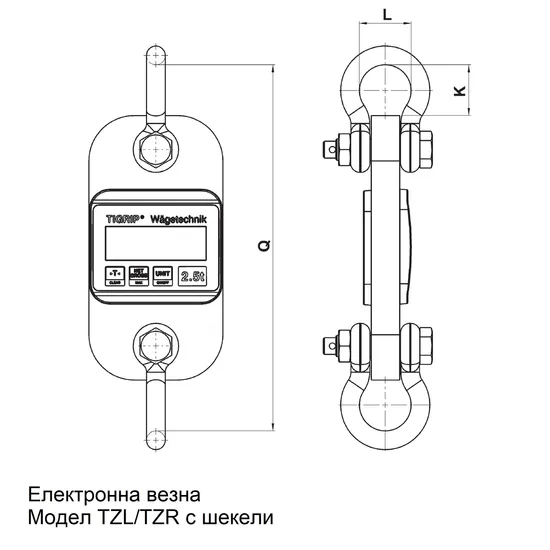 Електронна везна (Динамометър), с цифров дисплей, модел TZL;  Обхват на измерване 0 - 100 тона