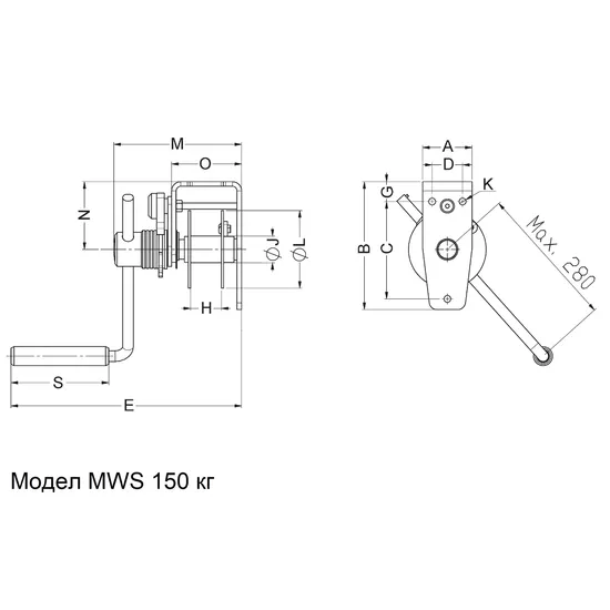 Ръчна въжена лебедка с редуктор, модел MWS Капацитет 150 - 1500 кг