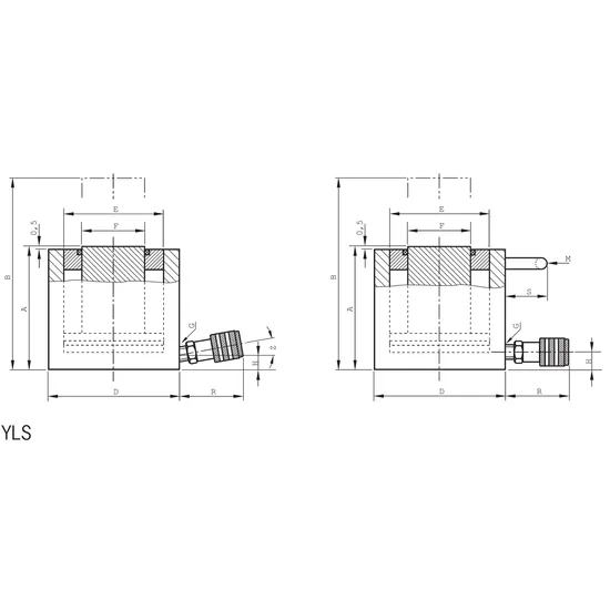 Хидравличен плосък цилиндър, модел YLS и модел YFS, за повдигане на малка височина, с еднопосочно действие и възвратен ход чрез пружина, капацитет max 10 - 100 t