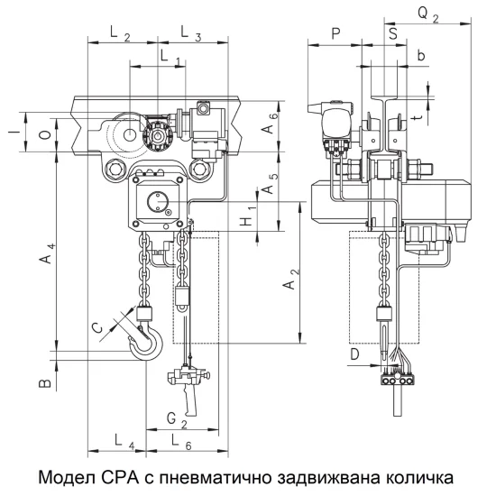 Пневматичен (въздушен) верижен телфер с пневматично задвижвана количка, модел CPА/VTA Капацитет 2 000 – 10 000 кг ATEX Basic