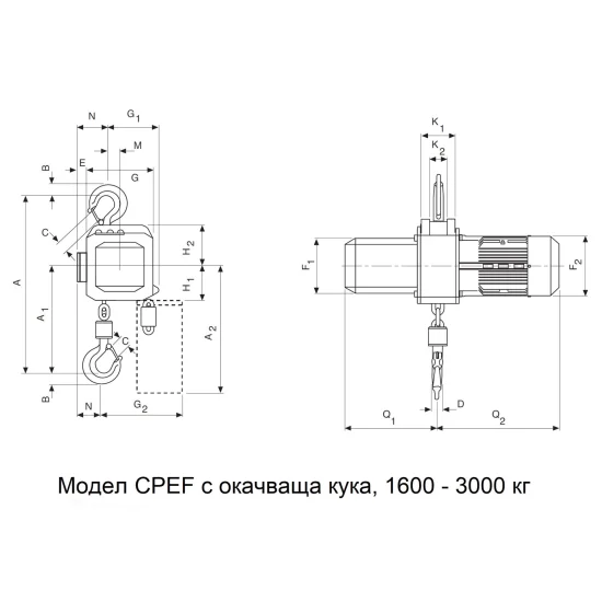 Електрически верижен телфер с кука за окачване, модел CPEF Капацитет 1600 – 10000 кг