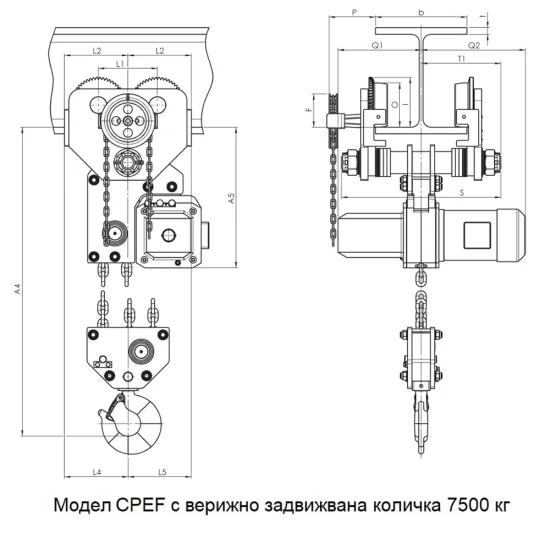 Електрически верижен телфер с верижно задвижвана количка, модел CPEF/VTG Капацитет 1600 – 10000 кг