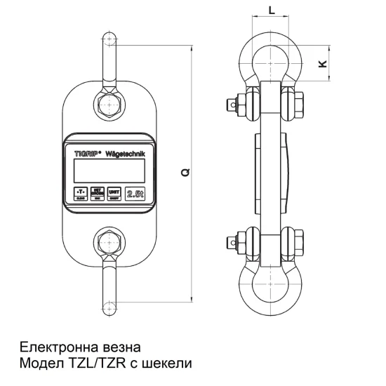 Електронна везна (Динамометър), с цифров дисплей и дистанционно управление, модел TZR;  Обхват на измерване 0 - 100 тона